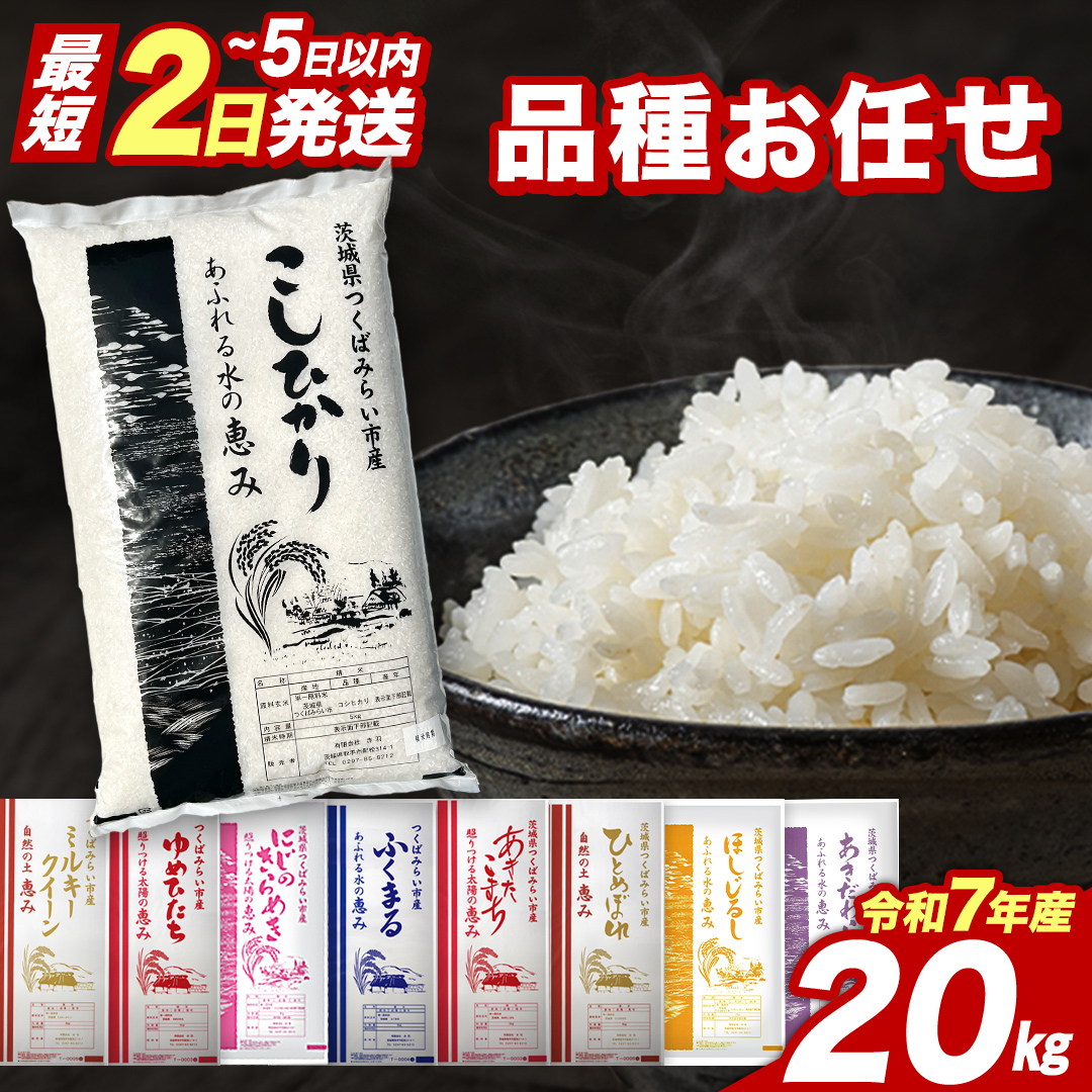 【 最短2日 スピード発送！】 品種おまかせ 20kg 茨城県つくばみらい市産 精米 こしひかり コシヒカリ あきたこまち ひとめぼれ ふくまる ゆめひたち ミルキークイーン にじのきらめき 即納 米 コメ こめ 単一米 限定 茨城県産 国産 美味しい お米 おこめ おコメ [CL266-NT]