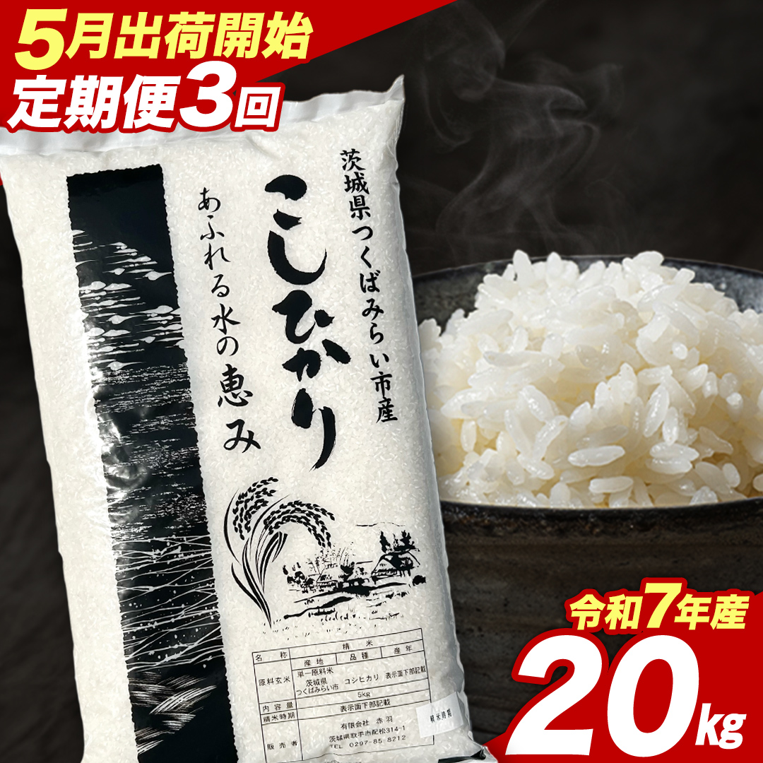 【 定期便（5～7月出荷）】 コシヒカリ 20kg ×3回 令和7年産精米 【 数量限定 】茨城県つくばみらい市産 米 コメ 単一米 茨城県産 国産 発送 コスパ こしひかり [CL352-NT]