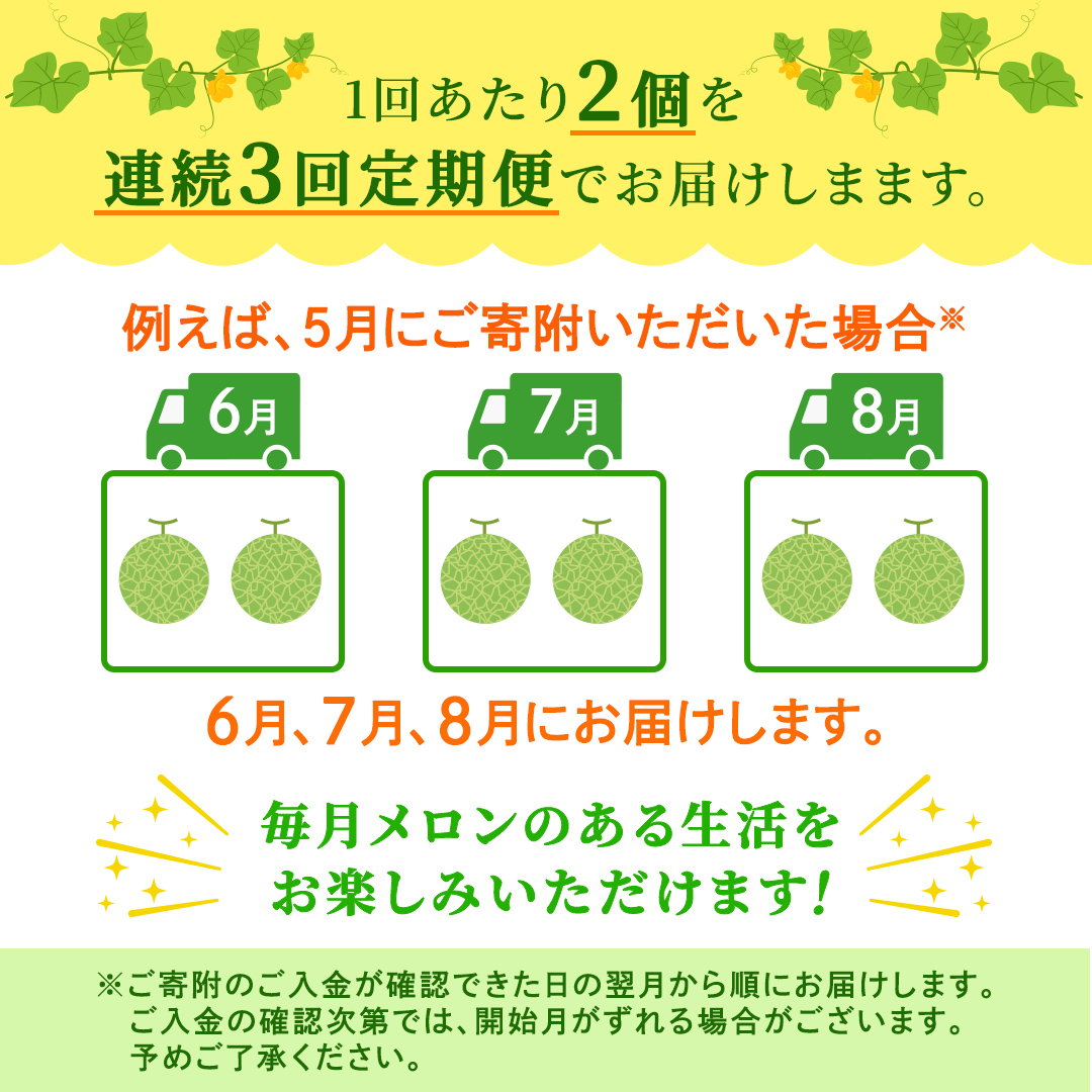 【定期便】 アールスメロン 2玉 × 3か月連続 メロン ギフト 高糖度 甘い 美味しい フルーツ 誕生日 プレゼント ギフト 贈り物 父の日 母の日 2個 [FC48-NT]