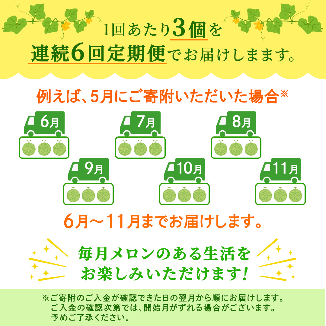 【定期便】 アールスメロン 3玉 × 6か月連続 メロン ギフト 高糖度 甘い 美味しい フルーツ 誕生日 プレゼント ギフト 贈り物 父の日 母の日 3個 [FC52-NT]