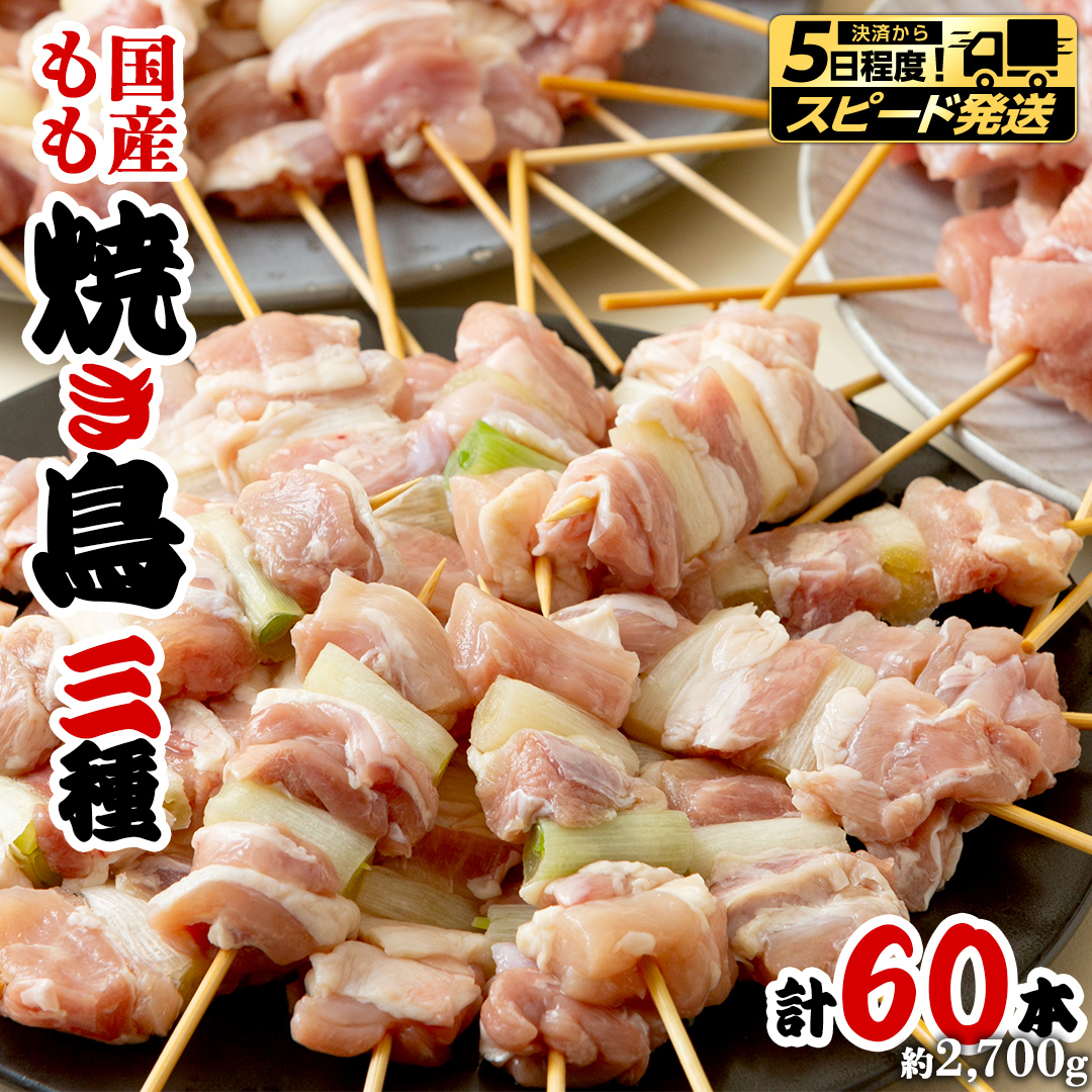 【 スピード 発送 】1本45g！合計約2700g！大満足の 国産鶏 焼き鳥 モモ 3種60本 セット （各20本入り）  焼鳥 鶏肉 おかず おつまみ [AI10-NT]