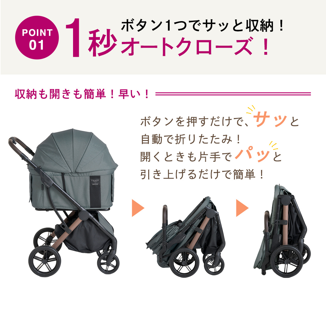 耐荷重30kgクラス！待望の中型犬向けペットカート
【コムペット】フィカゴー アジャイル 2 ヴィンテージグリーン（GR）156704 中型犬向け ドッグカート combi コンビ ペットカート FikaGO 1秒自動収納 コンパクト収納 自動収納ペットカート 犬用カート 犬用バギー ペットキャリー 4輪ペットカート折り畳み可能 折り畳み式 小型犬 中型犬 多頭 耐荷重30kg [AA116-NT]
