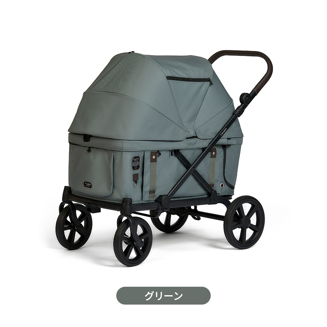 【コムペット】フィカゴー クロス グリーン（GR）156779 大型犬向け 多頭乗せ combi コンビ ペットカート FikaGO 大型犬用カート 自動収納ペットカート 犬用カート 犬用バギー ペットキャリー 4輪ペットカート折り畳み可能 折り畳み式 大型犬 多頭 耐荷重100kg [AA121-NT]