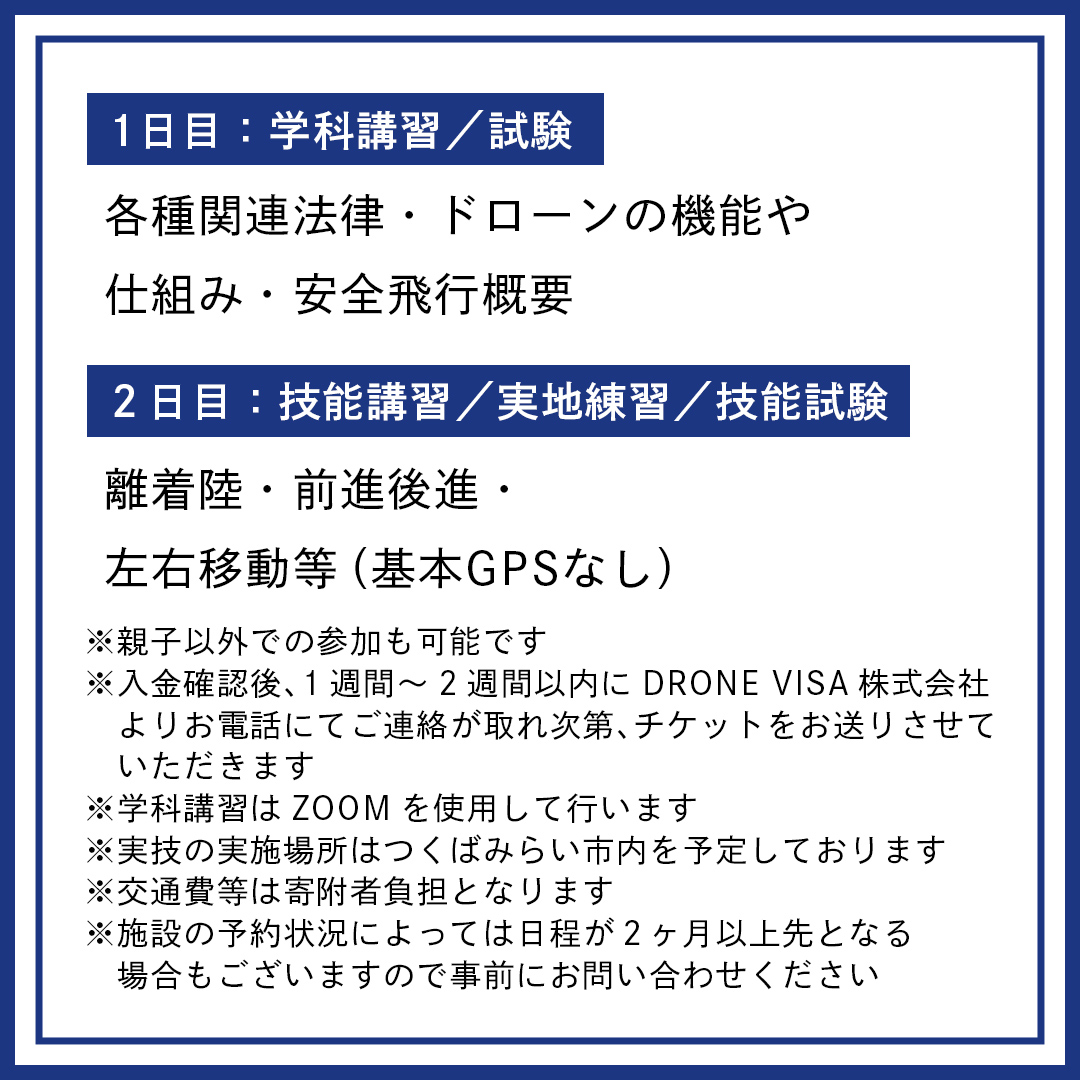 親子でドローンを楽しもう!!　【一般社団法人日本ドローン協会】ドローン3級操縦士技能証明取得コース（学科1日＋実技1日）2名分 [BL12-NT]