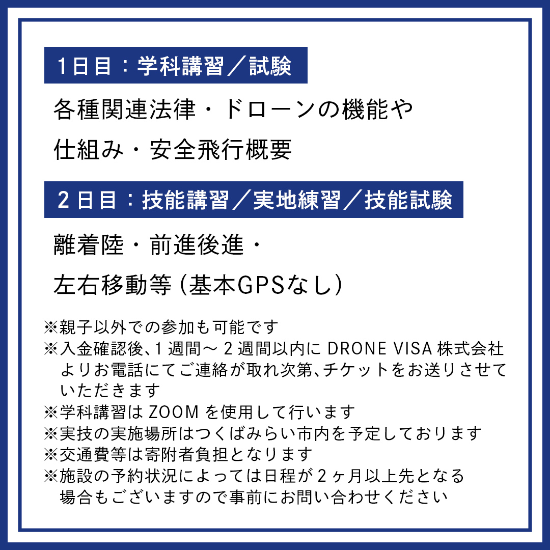 親子でドローンを楽しもう!!　【一般社団法人日本ドローン協会】ドローン3級操縦士技能証明取得コース（学科1日＋実技1日）3名分 [BL13-NT]