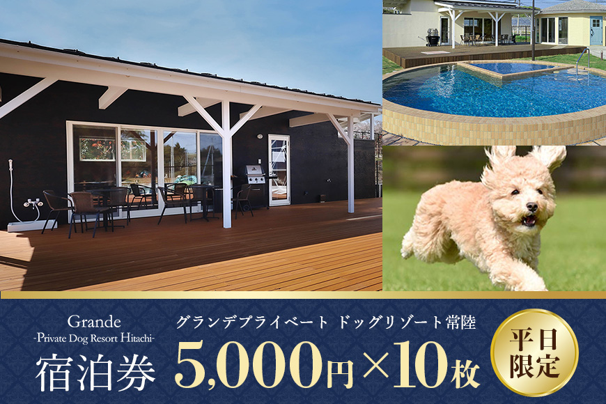 グランデ プライベート ドッグリゾート常陸宿泊券 5,000円×10枚（平日限定） 愛犬 ペットOK ドッグラン プール 温泉 サウナ ホテル チケット 宿泊 旅行 宿泊券 旅行券 72-C