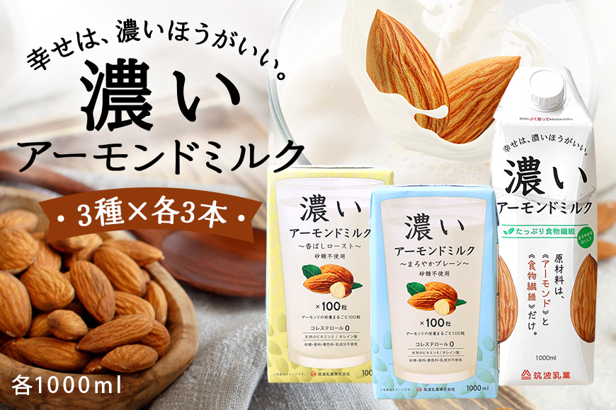 濃いアーモンドミルク1000ml　3種×各3本（たっぷり食物繊維・香ばしロースト・まろやかプレーン） 47-AH