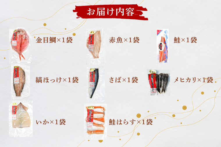 干物 詰合せ 個包装 茶樹きのこ干し ギフトセット8種 ( 金目鯛 ほっけ いか 赤魚 さば はらす 鮭 メヒカリ) 小分け 真空 パック 冷凍 魚 おかず 大洗町