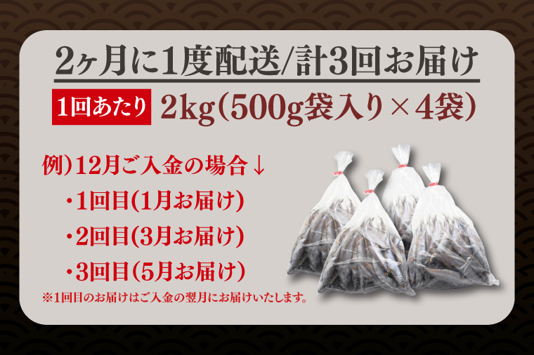 【定期便】 子持ち カラフトシシャモ ２kg (500g×4袋) 訳アリ シシャモ ししゃも カラフトししゃも 大洗 規格外 訳あり わけあり 傷 半年お届け（2ヶ月に1度 ２kg × 3回 お届け ）