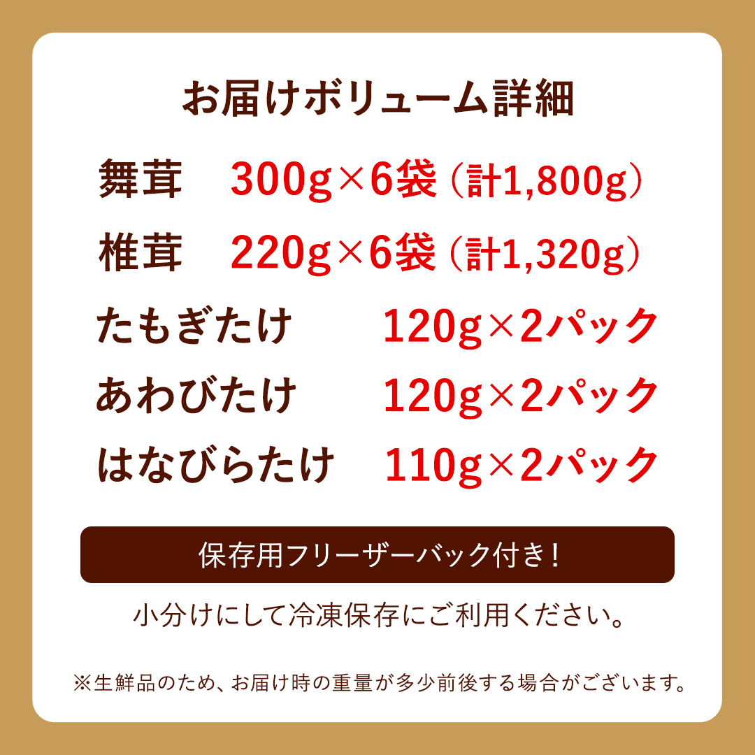 きのこ 5種 詰め合わせ 約3.8kg 【 保存用フリーザーバック 20枚付き 】 大容量 キノコ 舞茸 あわび茸 たもぎ茸 しいたけ 花びら茸 セット 鍋 炒め物 （AU005）