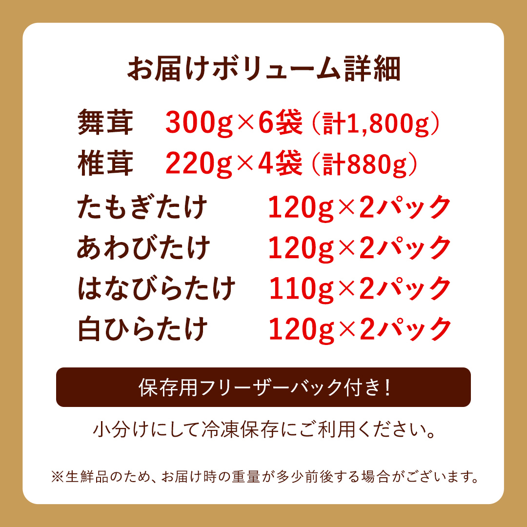きのこ 6種 詰め合わせ 約3.6kg 【 保存用フリーザーバック 20枚付き 】 大容量 キノコ 舞茸 あわび茸 たもぎ茸 しいたけ 花びら茸 セット 鍋 炒め物 （AU006）