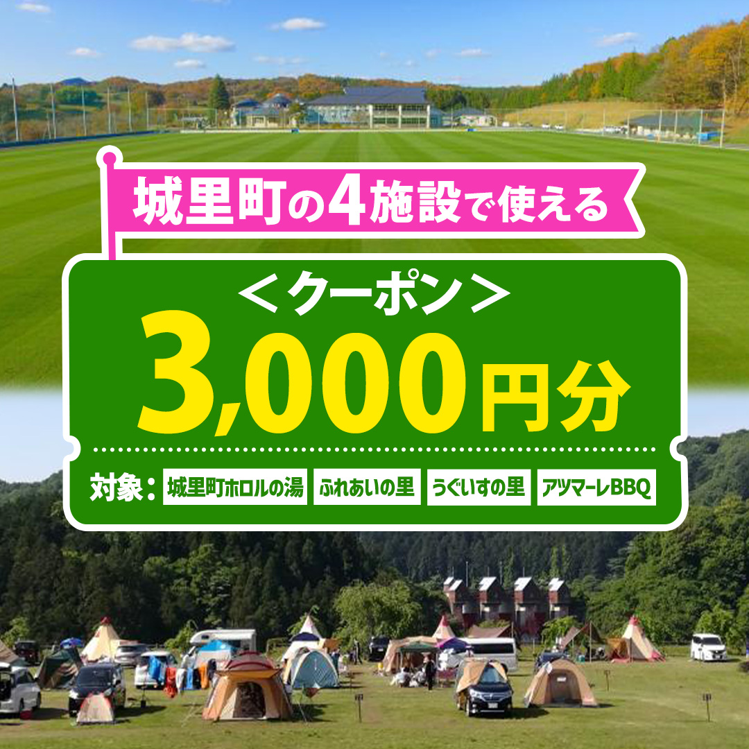 ＜城里町ホロルの湯、ふれあいの里、うぐいすの里、アツマーレBBQで使えるクーポン券＞3,000円分 （1000円×3枚） (BF019)