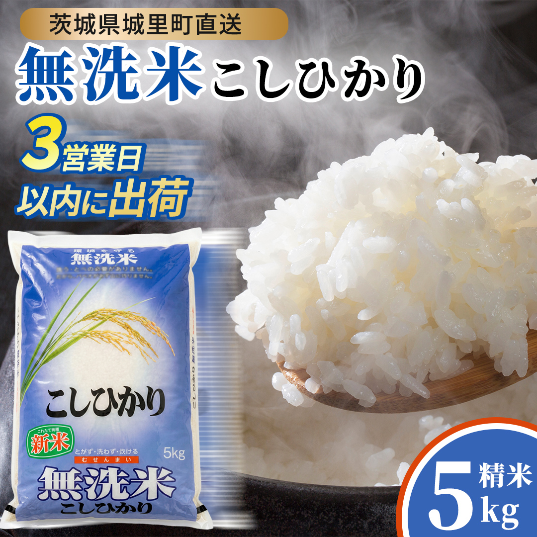 コシヒカリ 無洗米 5kg 令和7年産 スピード出荷 最短3〜7営業日出荷 即納 最短発送 時短 洗わず炊ける 一人暮らし 単身赴任 キャンプ アウトドア 精米 米 コメ こめ 単一米 茨城県 城里町産  (AX015)
