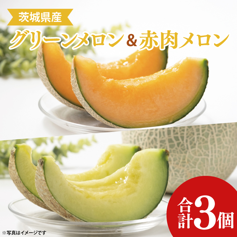 茨城県阿見町産メロン３玉（青肉２玉・赤肉1玉）高糖度 大きい 甘い 旬 人気 国産 産地直送 夏限定 期間 数量限定 めろん フルーツ 果物 茨城県 阿見町【先行予約｜2026年6月中旬より順次配送】（21-02）