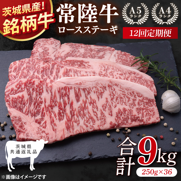 【茨城県共通返礼品】【12回定期便】常陸牛ロースステーキ 計9kg(250g×36)【銘柄牛 牛肉 冷凍 たんぱく質 ビタミン 茨城県産】(81-12)