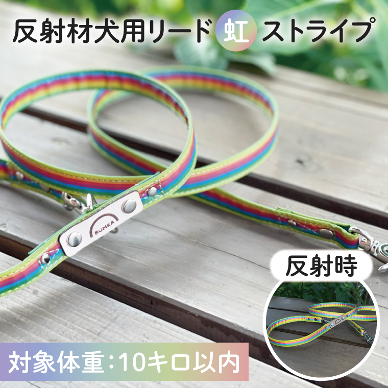 『虹ストライプ柄』オリジナル反射材の光る犬用リード【小型犬10kg用】【散歩 愛犬 夜散歩 阿見町 茨城県】(40-03)