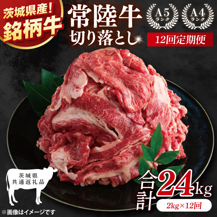 【茨城県共通返礼品】【12ヶ月定期便】大容量！常陸牛切り落とし 2kg（500g×4）【黒毛和牛 国産 銘柄牛 牛肉 肉 冷凍 茨城県産】(81-37)