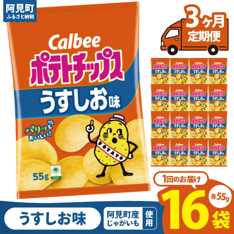 【3回定期便】カルビー ポテトチップスうすしお味（55g） 16個｜Calbee お菓子 菓子 おやつ おかし ぽてち ポテチ スナック おつまみ ジャガイモ じゃがいも（93-02）
