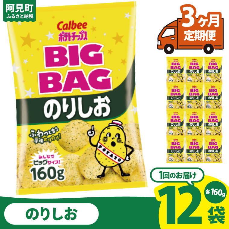 【3ヶ月定期便】カルビー ポテトチップス のりしお BIGBAG（160g）×12個｜Calbee お菓子 菓子 おやつ おかし ぽてち ポテチ スナック おつまみ ジャガイモ じゃがいも（93-62）