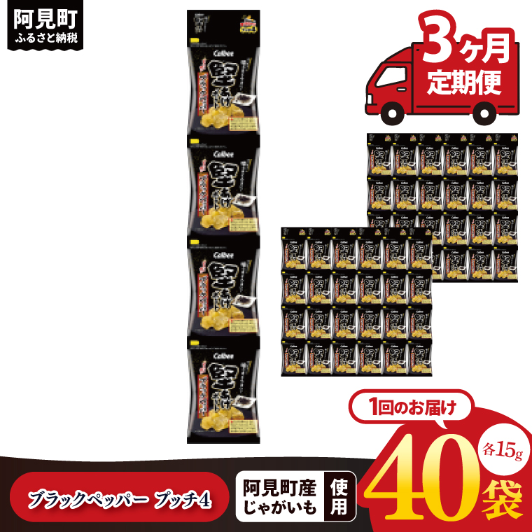 【3ヶ月定期便】カルビー 堅あげブラック ペッパープッチ4 60g(15g×4袋)×10個｜Calbee お菓子 菓子 おやつ おかし ぽてち ポテチ スナック おつまみ ジャガイモ じゃがいも（93-86）