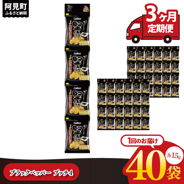 【3ヶ月定期便】カルビー 堅あげブラック ペッパープッチ4 60g(15g×4袋)×10個｜Calbee お菓子 菓子 おやつ おかし ぽてち ポテチ スナック おつまみ ジャガイモ じゃがいも（93-86）
