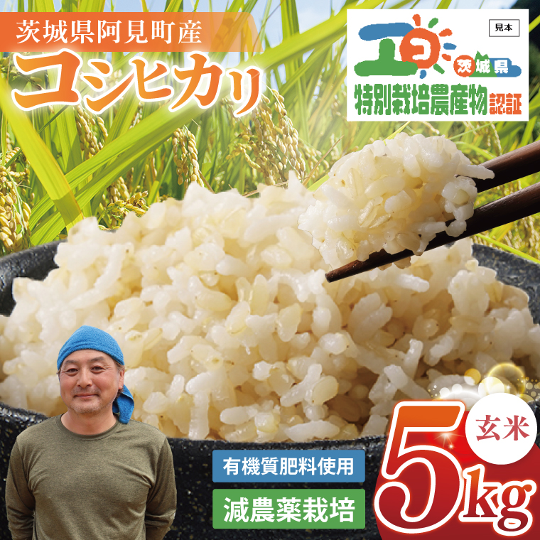 先行予約 令和8年産 特別栽培農産物認証 コシヒカリ 玄米 ５kg 特栽米 ネオニコフリー 減農薬 減化学肥料 安心 安全 こしひかり 白米 弁当 おにぎり オニギリ 有機肥料 特別栽培米 エコ農産物 茨城県産米【2026年9月より順次発送】(86-02)
