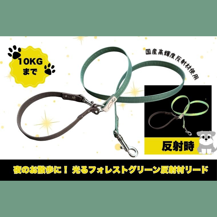 『ギラギラ・フォレストグリーン』犬用光るリード/特注高輝度反射材使用【小型犬用10キロまで】｜散歩 愛犬 夜散歩 阿見町 茨城県（40-35）