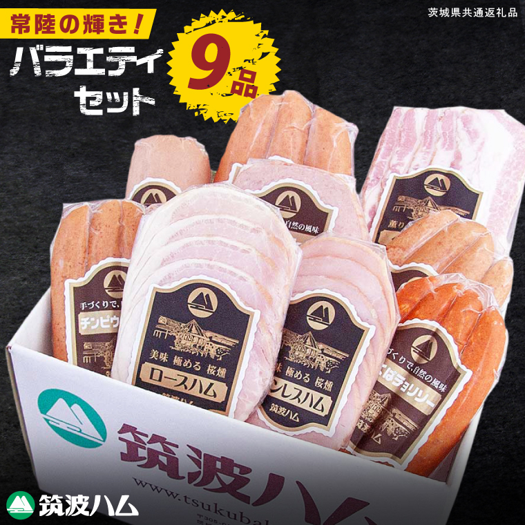 常陸の輝き バラエティ 9品 ( ハム ベーコン ソーセージ ) 豚肉 お取り寄せ グルメ 人気 冷蔵 詰め合わせ ギフト おかず ご当地グルメ ディナー 食べ比べ パーティー【茨城県共通返礼品/つくば市】（106-07）