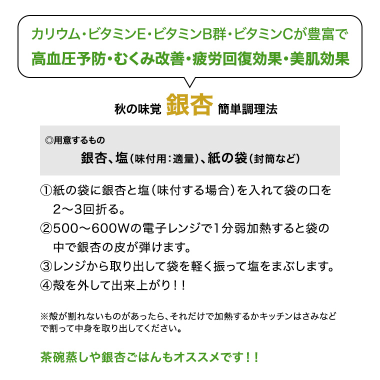 【 先行予約 2024年10月上旬以降発送 】銀杏 ぎんなん 約1kg ( 殻付き ・ L )　500g × 2袋 イチョウ 秋 美味 栄養満点 健康 高血圧予防 むくみ改善 疲労回復 美肌 [AX025ya]