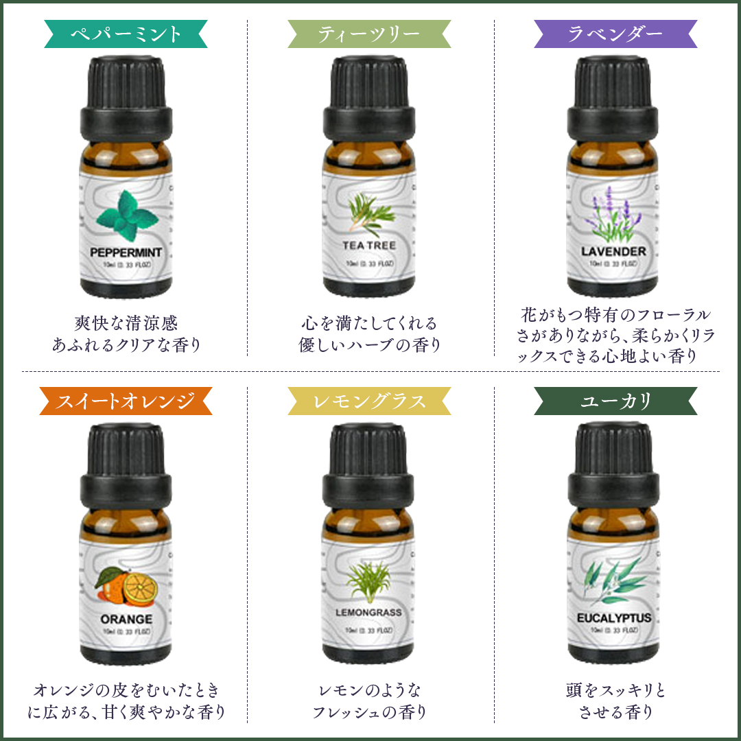 エッセンシャルオイル 天然100％ 精油 10ml × 6本 ( ペパーミント , ティーツリー , ラベンダー , スイートオレンジ , レモングラス , ユーカリ ) アロマオイル アロマ 遮光瓶 香り リラックス 睡眠 ギフト プレゼント セット [BX046ya]