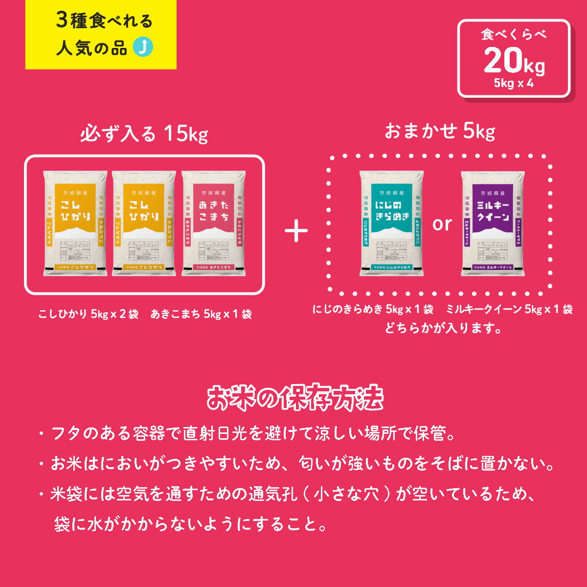 おまかせ 食べ比べ セット 20kg (5kg×4袋) 令和6年産 新米 コシヒカリ あきたこまち にじのきらめき ミルキークイーン 12月発送 先行予約 精米 白米 茨城県産 八千代町 米 人気 [SF028ya]