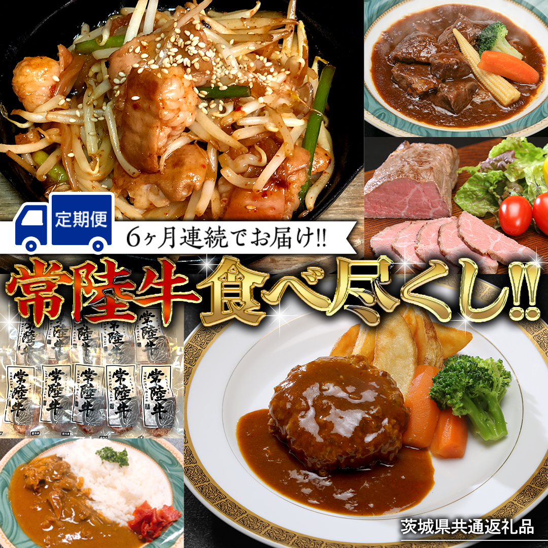 【茨城県共通返礼品】【定期便】 【6回コース】 常陸牛 食べ尽くし 定期便 （6ヶ月連続でお届け） 牛肉 黒毛和牛 国産 贅沢 ビーフシチュー ハンバーグ ローストビーフ 牛もつ ホルモン 簡単 お手軽 [AU035ya]