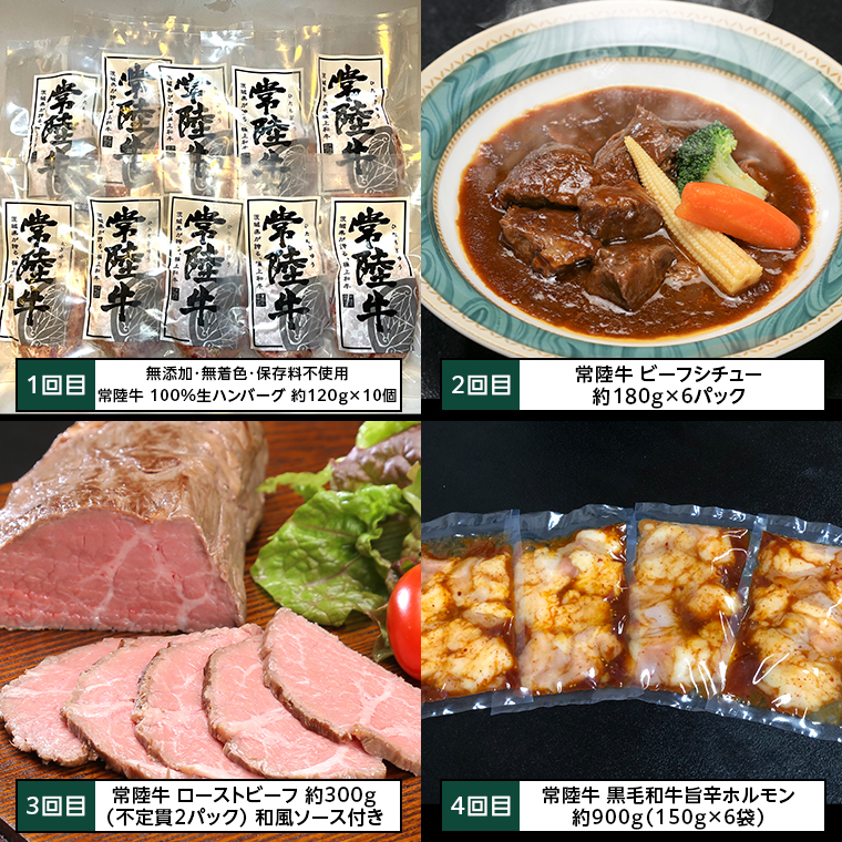 【茨城県共通返礼品】【定期便】 【6回コース】 常陸牛 食べ尽くし 定期便 （6ヶ月連続でお届け） 牛肉 黒毛和牛 国産 贅沢 ビーフシチュー ハンバーグ ローストビーフ 牛もつ ホルモン 簡単 お手軽 [AU035ya]