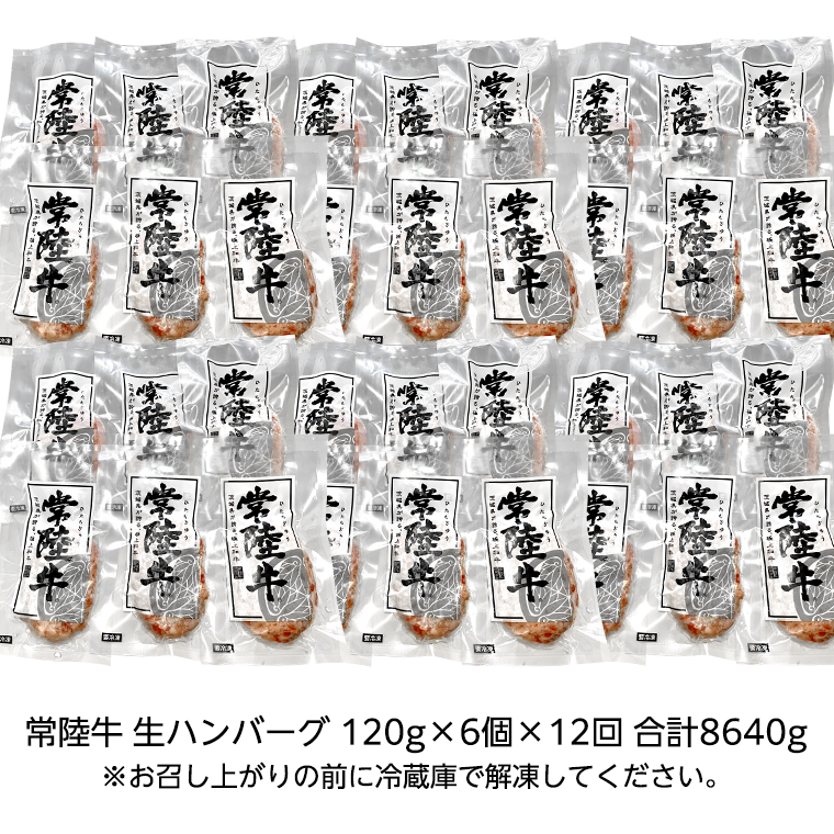 【茨城県共通返礼品】【12ヶ月定期便】 黒毛和牛 常陸牛 100% 特製 プレミアム 生ハンバーグ 120g×6個入り 合計720g 八千代町産 白菜 使用 無添加 無着色 保存料不使用 冷凍 牛 牛肉 ビーフ 生 ハンバーグ こだわり [AU058ya]