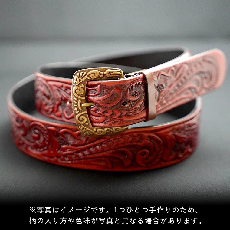 【数量限定】牛革ベルト （花柄・アンティークコードバン染め） 【太さ40mm / 厚さ3.7mm / Lサイズ(130cm)】 牛革 牛 革 皮 ベルト 手作り ハンドメイド アンティーク [BE016ya-L]