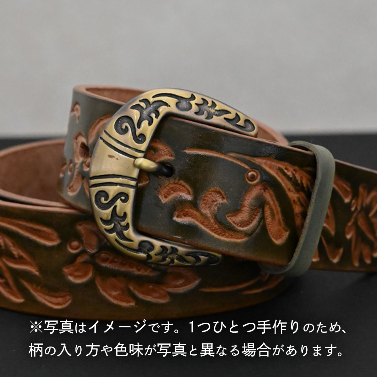 牛革ベルト フラワーオリーブグリーン【太さ35mm / 厚さ3.7mm / M(110cm)】 父の日 牛革 牛 革 皮 ベルト 手作り ハンドメイド [BE030ya-M]