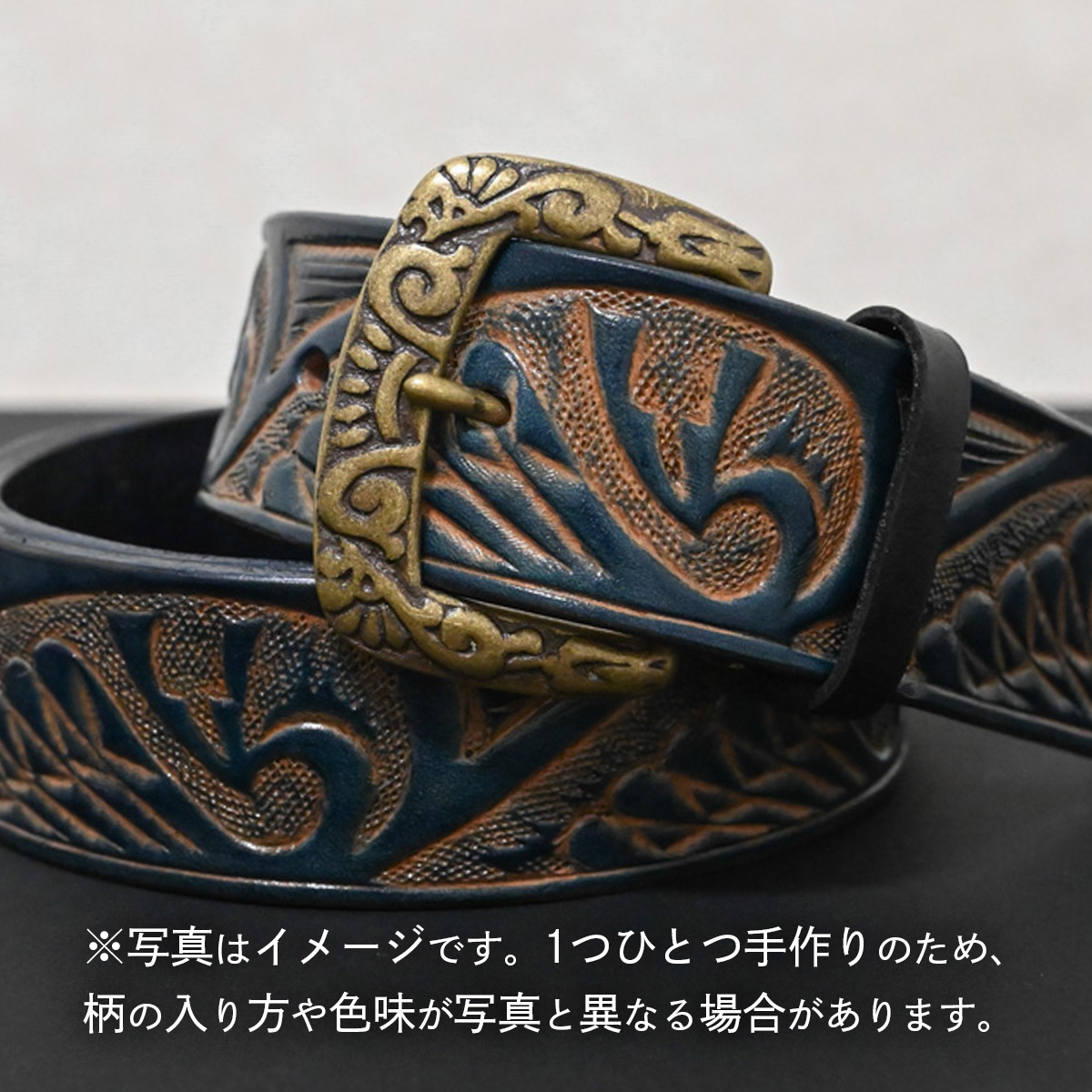 牛革ベルト インディアン鷲柄 紺すかし染め【太さ40mm / 厚さ3.7mm / M(110cm)】 父の日 牛革 牛 革 皮 ベルト 手作り ハンドメイド [BE052ya-M]