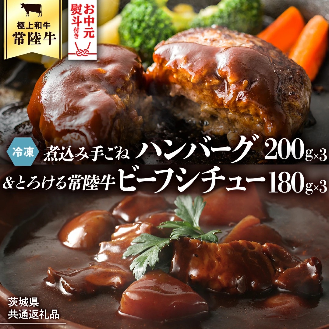 【お中元熨斗付き】【茨城県共通返礼品】常陸100％　煮込み手ごねハンバーグ（200g×3パック）とろける常陸牛ビーフシチュー（180g×3パック） 八千代町産 白菜 使用 ハンバーグ ビーフシチュー 常陸牛 お肉 牛肉 和牛 セット 惣菜 レトルト グルメ お取り寄せ 冷凍 [AU012yac]