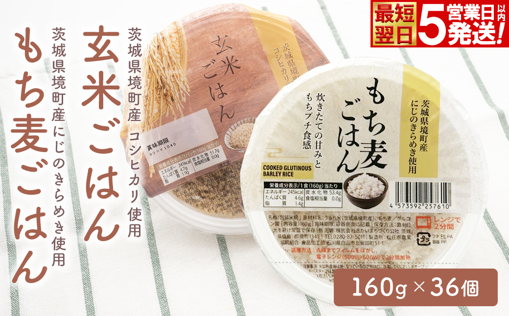 【最短翌日発送】茨城県境町産米使用 パックごはん 玄米・もち麦 各160g×18個 計36個 パックライス ライスパック 人気 K2675