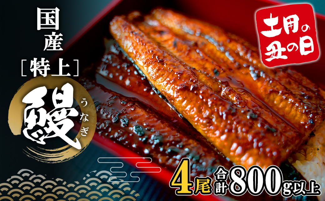 【土用の丑の日までにお届け】 特上うなぎ 蒲焼 4尾 800g以上 国産 鰻 人気 うなぎ蒲焼き うな重 簡易袋 魚 魚介 ギフト K2356