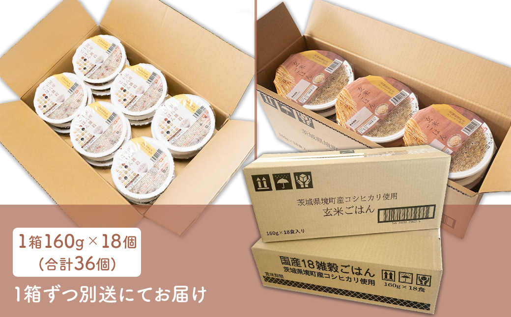 【最短翌日発送】茨城県境町産米使用 パックごはん 玄米・十八雑穀 各160g×18個 計36個 パックライス ライスパック K2701