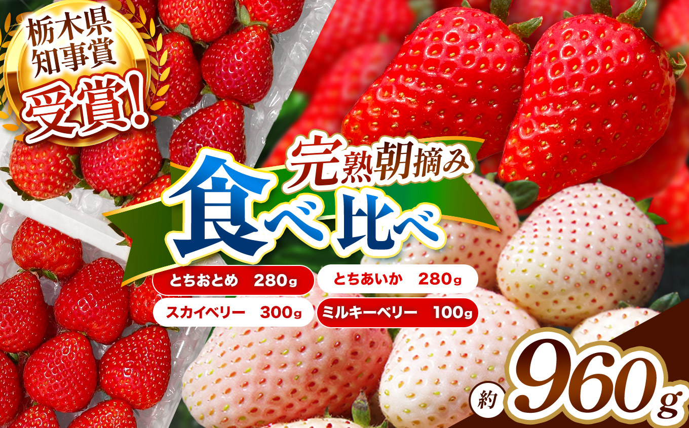 いちご4品種 食べ比べセット 960g （とちあいか・とちおとめ・ミルキーベリー・ スカイベリー）