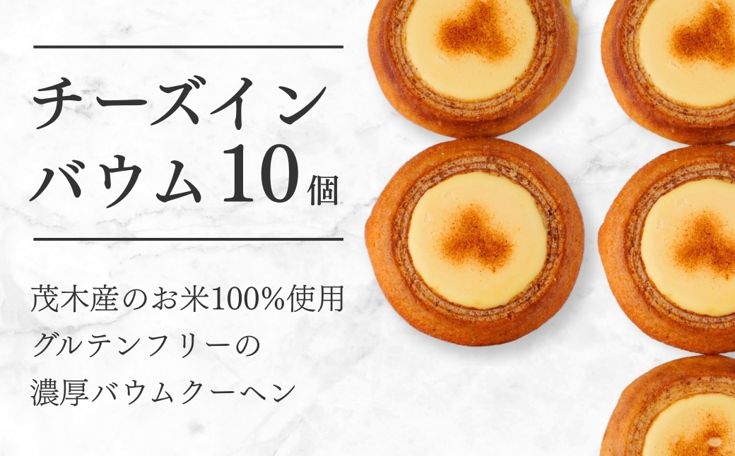 バウムクーヘン 茂木町産米粉100%使用 チーズインバウム 10個 | バームクーヘン スイーツ コシヒカリ 米粉 チーズ ブルーベリー グルテンフリー 発酵 バター コーヒー ベイクドチーズケーキ 洋菓子 ヌン活 お菓子 ギフト 贈答用 プレゼント 箱詰め 箱入り 詰め合せ 濃厚 紅茶 冷凍 酸味 地元産 もちもち 道の駅 もてぎプラザ 栃木県 茂木町