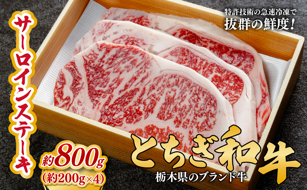 とちぎ和牛の厚切りサーロインステーキ 800ｇ(200ｇ×4枚)【栃木県共通返礼品】 | 牛肉 肉 お肉 厚切り サーロイン ステーキ 柔らかい 産地直送 国産 国産牛 和牛 赤身 霜降り 希少 旨味 旨み 熟成 急速冷凍 テクニカン テクニカン社 スキンパック 真空パック 真空包装 コトラミートカルチャ 栃木県 茂木町