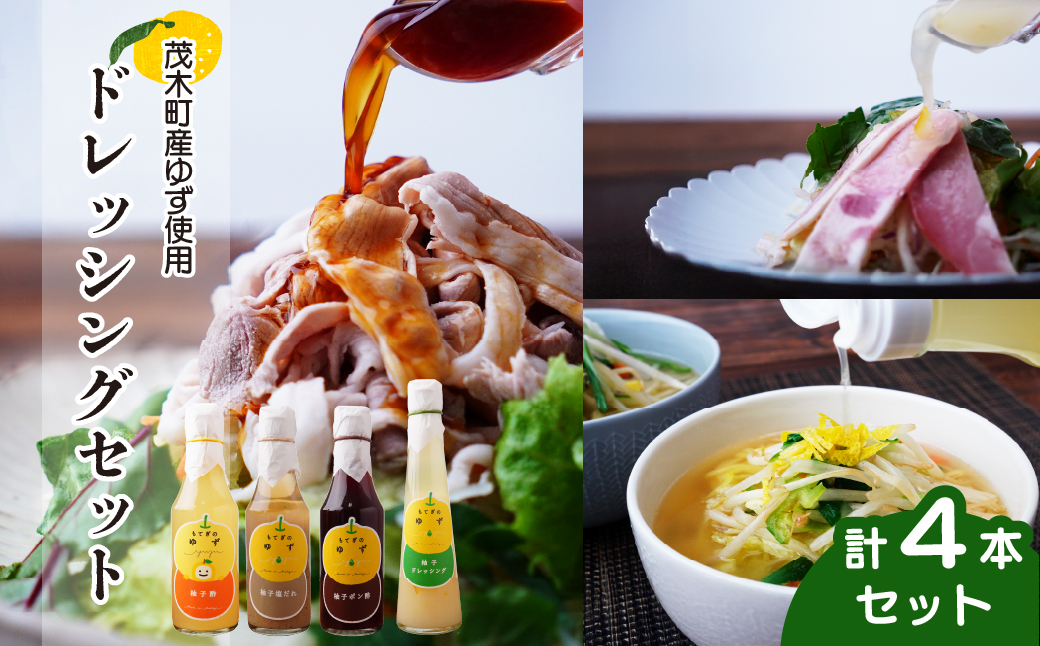 茂木産ゆずを使用！4種のドレッシングセット 保存料・着色料・香料不使用 |  ゆず 柚子 ドレッシング ポン酢 柚子酢 柚子塩だれ 酢 お酢 調味料 無着色 保存料 不使用 サラダ 野菜 ノンオイル ヘルシー マリネ カルパッチョ 健康 ソーダ 料理 ラーメン 餃子 ギョーザヨーグルト 詰め合わせ おいしい 美味しい  しゃぶしゃぶ 焼肉 茂木産 もてぎプラザ 栃木県 茂木町