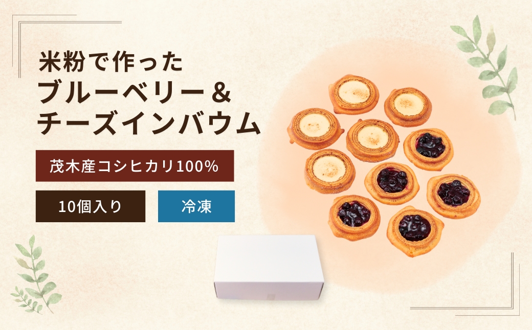 バウムクーヘン茂木町産米粉100%使用 チーズ＆ブルーベリーバウムセット 10個(5個×2種) | バームクーヘン スイーツ コシヒカリ 米粉 チーズ ブルーベリー グルテンフリー 発酵 バター コーヒー ベイクドチーズケーキ 洋菓子 ヌン活 お菓子 ギフト 贈答用 プレゼント 箱詰め 箱入り 詰め合せ  濃厚 紅茶 冷凍 酸味 地元産 もちもち 道の駅 もてぎプラザ 栃木県 茂木町