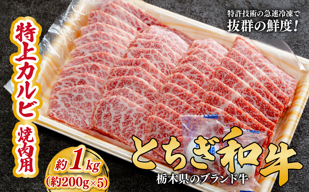 とちぎ和牛の特上カルビ 焼肉用 1kg（200g×5）【栃木県共通返礼品】 |  牛肉 肉 お肉 カルビ 特上 バラ肉 焼肉 産地直送 国産 国産牛 和牛 赤身 霜降り 希少 旨味 旨み 熟成 急速冷凍 テクニカン テクニカン社 スキンパック 真空パック 真空包装 コトラミートカルチャ 栃木県 茂木町