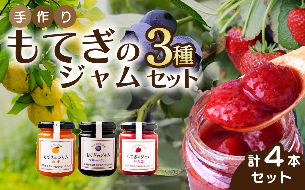 茂木産果実100％使用！ イチゴ＆ブルーベリー＆ゆずジャム 160g×4本  保存料・着色料・香料不使用 | いちご イチゴ 苺 ブルーベリー ゆず 柚子 果実 フルーツ 手作り 果肉 朝食 トースト パン ヨーグルト 詰め合わせ 保存料 着色料 不使用 おいしい 美味しい 茂木産 もてぎプラザ 栃木県 茂木町