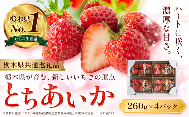 いちご とちあいか 4パック 1040g 《2025年12月下旬-2026年3月上旬頃出荷》 JAおやま 栃木県 野木町 イチゴ 苺 果物 フルーツ ハート型 贈答用 プレゼント スイーツ ケーキ 手作り トッピング ハート【栃木県共通返礼品】