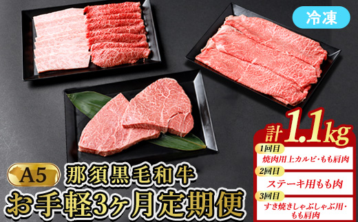 【定期便3ヵ月】A5等級 那須黒毛和牛 お手軽定期便 ｜ すき焼き しゃぶしゃぶ 焼肉用 霜降り上カルビ もも肩肉 ステーキ 小分けお肉少量 食べ切り 肉 国産 定期 高級 冷凍 那須 栃木県 那須町〔E-58〕